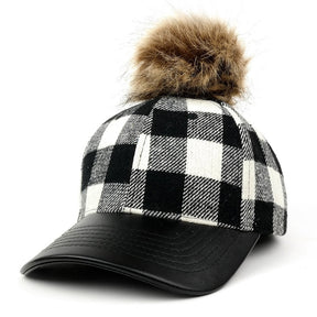 Plaid Wool Blend Ajustable Cap with PU Leather Brim and Faux Fur Pom Pom