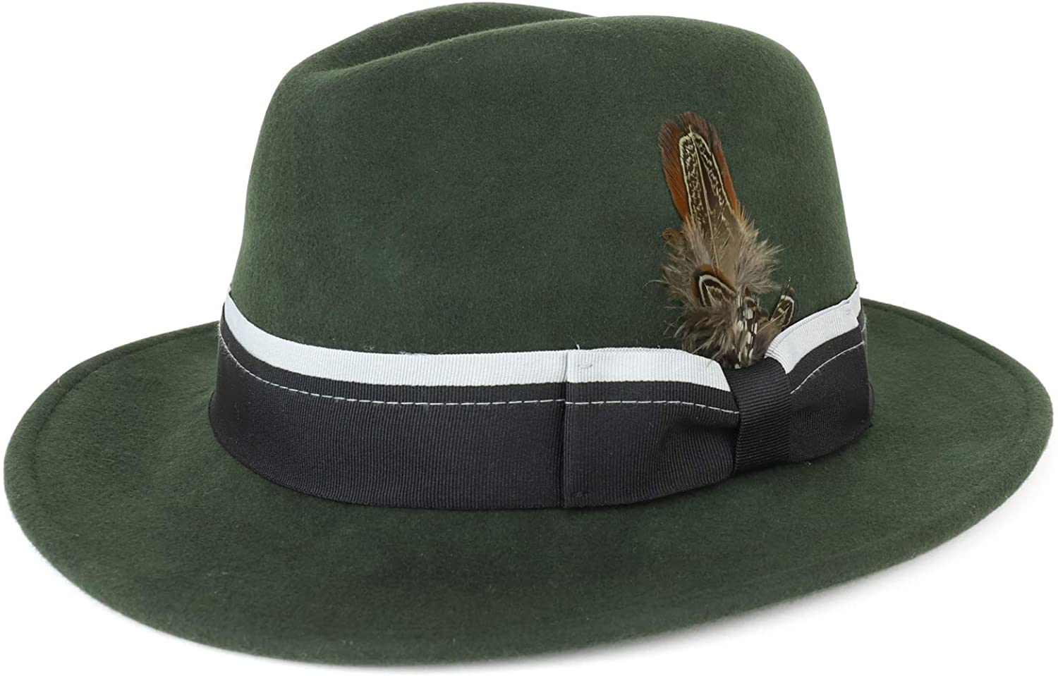 Armycrew XXL Oversize Wide Brim Wool Felt Fedora with Feather Dual Color Hatband