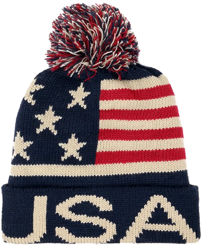 Armycrew Youth USA Text and Flag Winter Cuff Folded Beanie Hat with Pom Pom