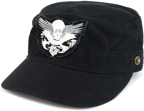 Armycrew Crossbone Skull Patch Brushed Canvas Meshed Flat Top Army Cap - Black - L