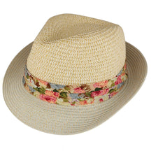 Armycrew Ladies Two Tone Paper Straw Fedora Hat with Floral Print Hatband