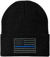 Made in USA - Thin Blue Line American Flag Embroidered Patch Long Cuff Beanie