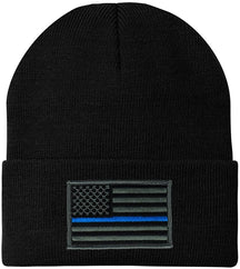 Made in USA - Thin Blue Line American Flag Embroidered Patch Long Cuff Beanie