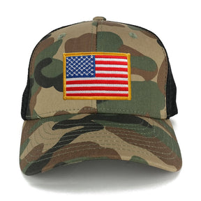 US American Flag Embroidered Iron on Patch Adjustable Camo Trucker Cap - WWB - Black Grey