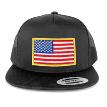 Flexfit 5 Panel American Flag Patched Snapback Mesh Charcoal Cap - Black Red Patch