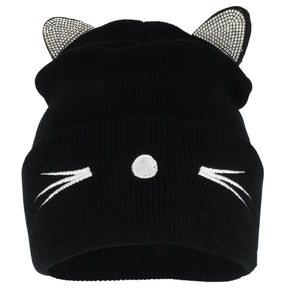 Armycrew Rhinestone Cat Ear Long Cuff Beanie with Nose Whisker Embroidery