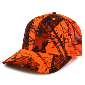 Armycrew Hunting Camouflage Outdoor Structured Camo Printed Trucker Mesh Cap - Blaze