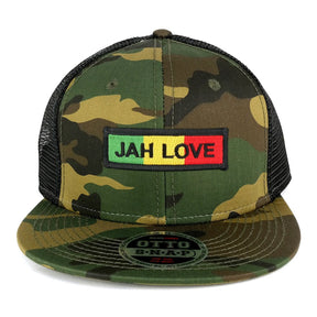 Jah Love Green Yellow Red Embroidered Patch Camo Flat Bill Snapback Mesh Cap
