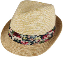 Armycrew Ladies Two Tone Paper Straw Fedora Hat with Floral Print Hatband