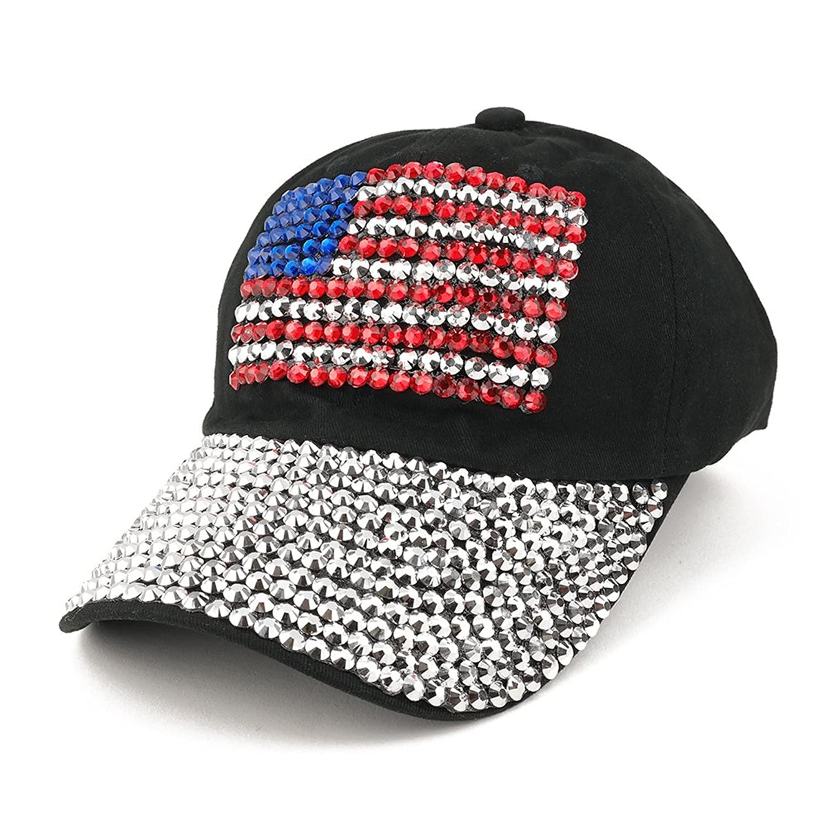 USA Stylish Rhinestone Bling Bedazzled American Flag Cotton Denim Adjustable Cotton Cap