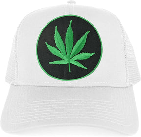 Marijuana Leaf Circle Iron on Patch with Green Border Adjustable Trucker Cap