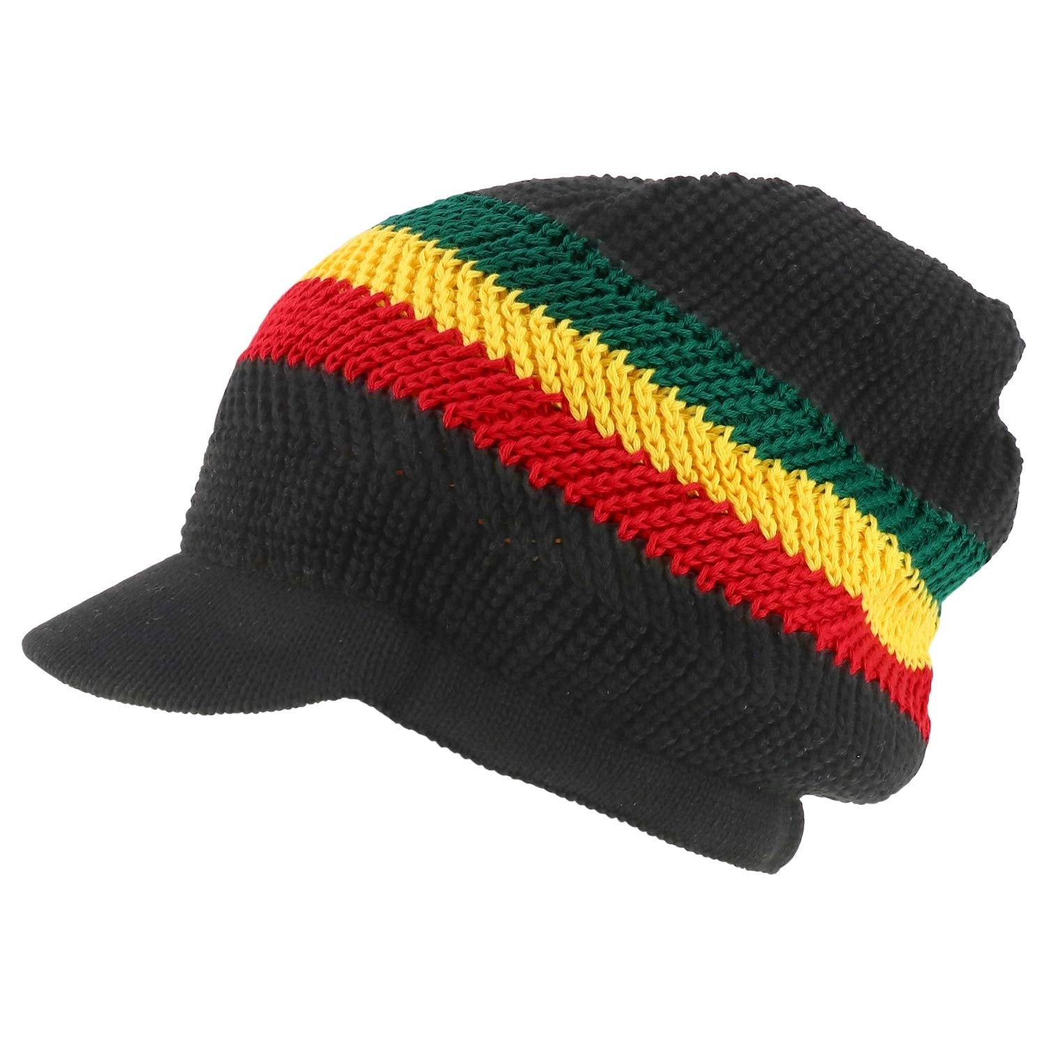 Armycrew RGY Striped Jamaica Rasta Knit Deep Crown 100% Cotton Visored Beanie - Black Rasta