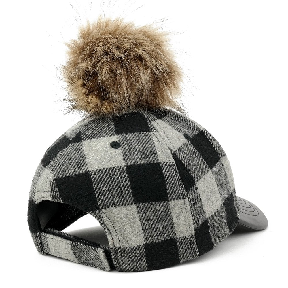 Plaid Wool Blend Ajustable Cap with PU Leather Brim and Faux Fur Pom Pom