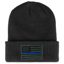 Armycrew Thin Blue Line American Flag Embroidered Patch Ribbed Cuffed Knit Beanie - Black