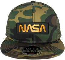 Armycrew NASA Worm Gold Text Embroidered Patch Snapback Camo Trucker Mesh Cap