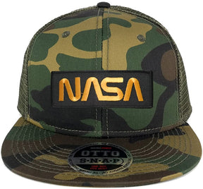 Armycrew NASA Worm Gold Text Embroidered Patch Snapback Camo Trucker Mesh Cap