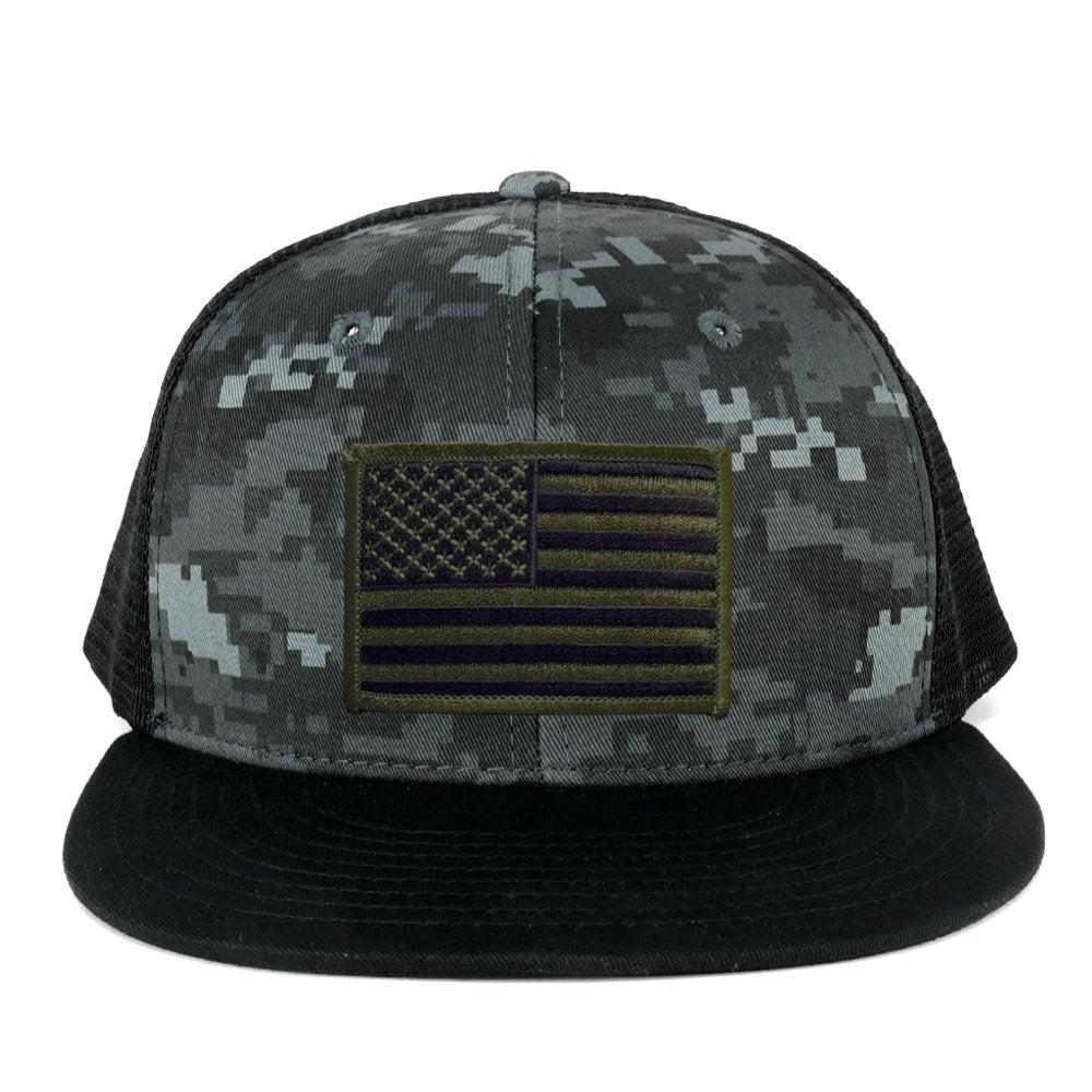 Armycrew US American Flag Embroidered Patch Adjustable Flat Bill Camo Trucker Cap - BNB - Black Grey