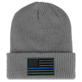 Armycrew Thin Blue Line American Flag Embroidered Patch Ribbed Cuffed Knit Beanie - Black