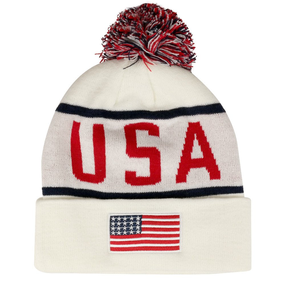 Armycrew USA Pom Pom Stylish Acrylic Cuff Winter Beanie Hat - Flag Patch - White Navy
