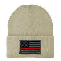 Made in USA - Thin RED Line American Flag Embroidered Patch Long Cuff Beanie