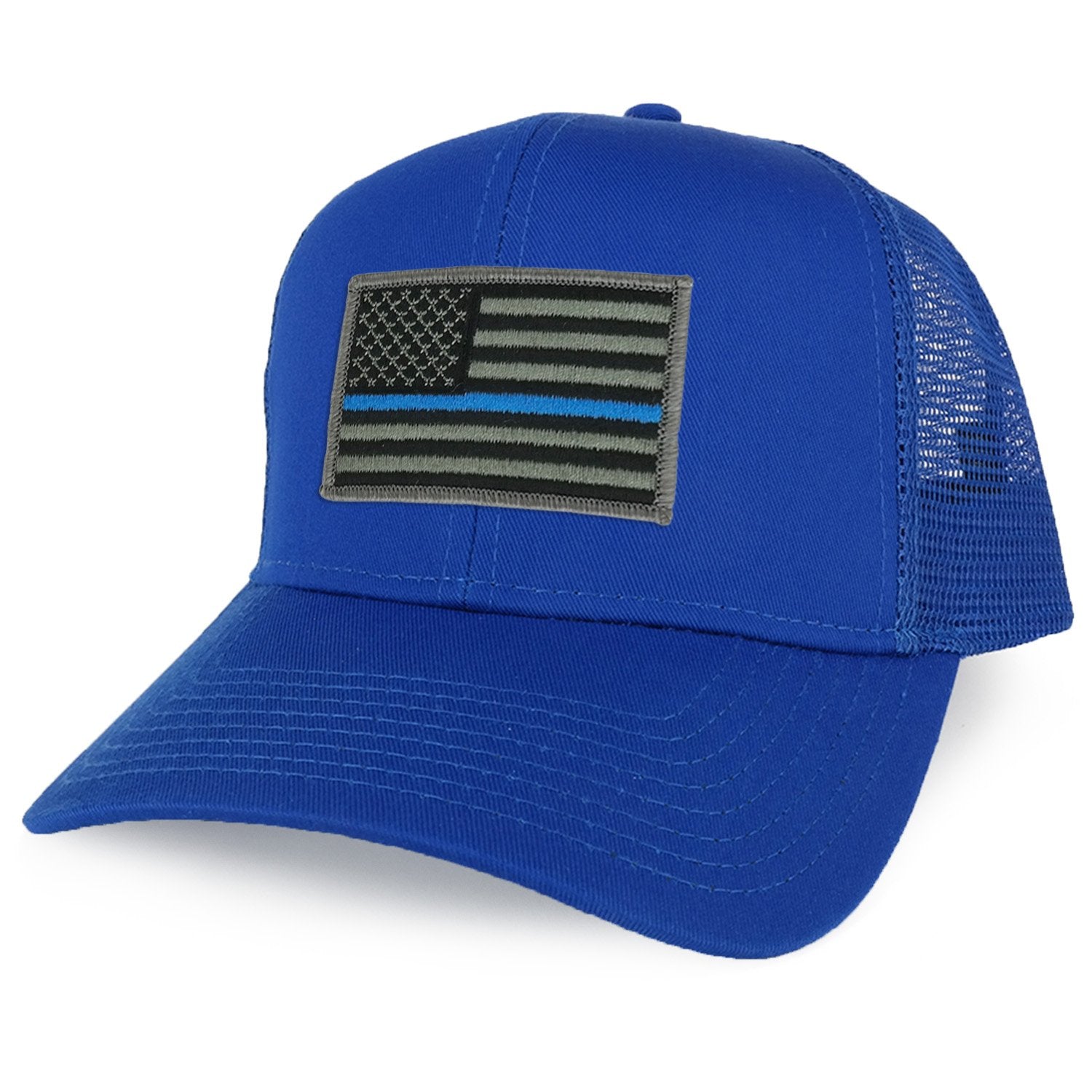 Armycrew XXL Oversize Thin Blue Line USA Flag Patch Mesh Back Trucker Baseball Cap - Black