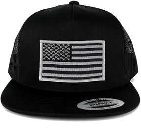 Flexfit 5 Panel American Flag Patched Snapback Mesh Cap - Black