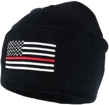 Thin RED Line American Flag Embroidered Cuff Beanie Hat