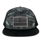 Armycrew US American Flag Embroidered Patch Adjustable Flat Bill Camo Trucker Cap - BNB - Black Grey