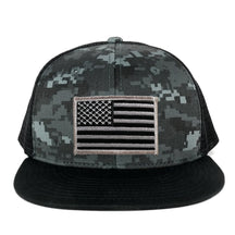 Armycrew US American Flag Embroidered Patch Adjustable Flat Bill Camo Trucker Cap - BNB - Black Grey