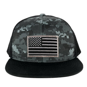 Armycrew US American Flag Embroidered Patch Adjustable Flat Bill Camo Trucker Cap - BNB - Black Grey