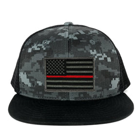 Armycrew US American Flag Embroidered Patch Adjustable Flat Bill Camo Trucker Cap - BNB - Black Grey