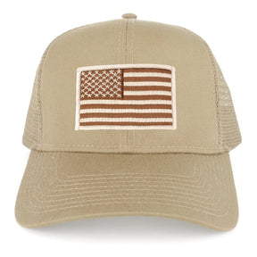 USA American Flag Embroidered Patch Snapback Mesh Trucker Cap - KHAKI
