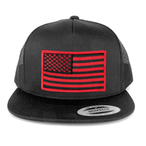 Flexfit 5 Panel American Flag Patched Snapback Mesh Charcoal Cap - Black Red Patch