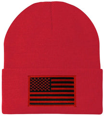 Made in USA - Black RED American Flag Embroidered Patch Long Cuff Beanie