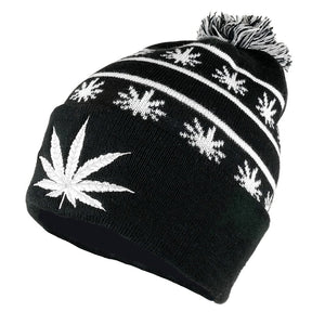 Marijuana Leafs Pom Pom Acrylic Beanie Hat - Kelly Green Black - WB071-86