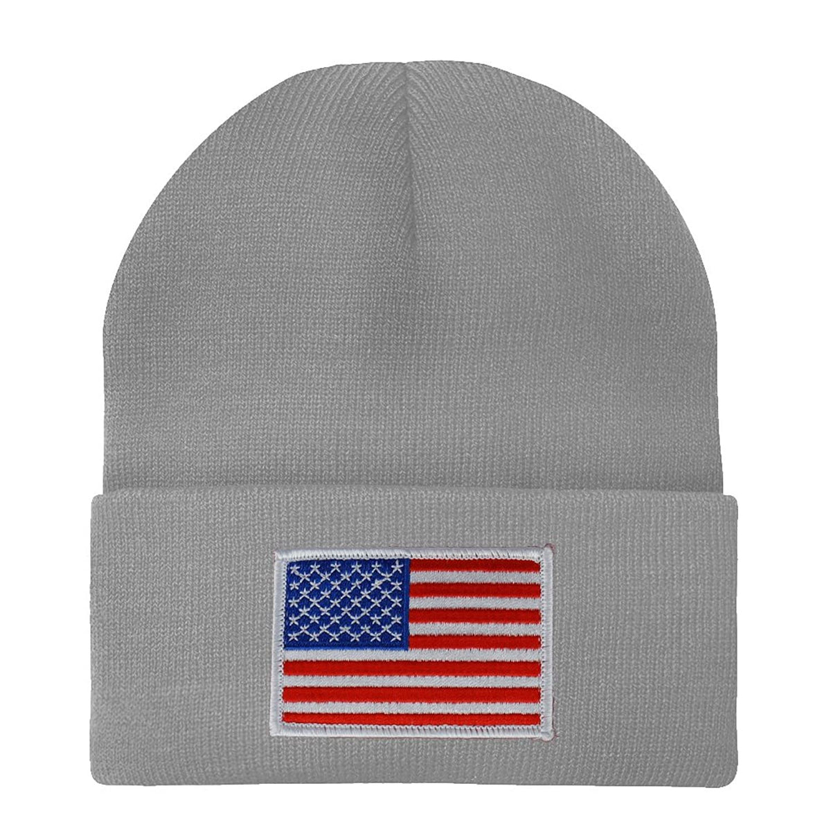 Made in USA - White American Flag Embroidered Patch Long Cuff Beanie