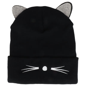 Armycrew Rhinestone Cat Ear Long Cuff Beanie with Nose Whisker Embroidery