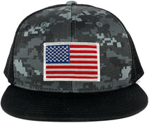 Armycrew US American Flag Embroidered Patch Adjustable Flat Bill Camo Trucker Cap - BNB - Black Grey