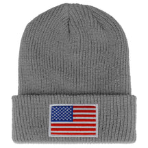 Armycrew White American Flag Embroidered Patch Ribbed Cuffed Knit Beanie - Black