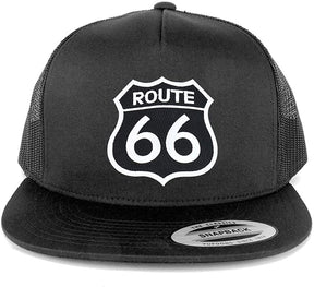 Armycrew Flexfit Route 66 Black White Patch 5 Panel Flatbill Mesh Snapback Cap - Black