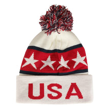 Armycrew USA Pom Pom Stylish Acrylic Cuff Winter Beanie Hat - USA Print - White Red