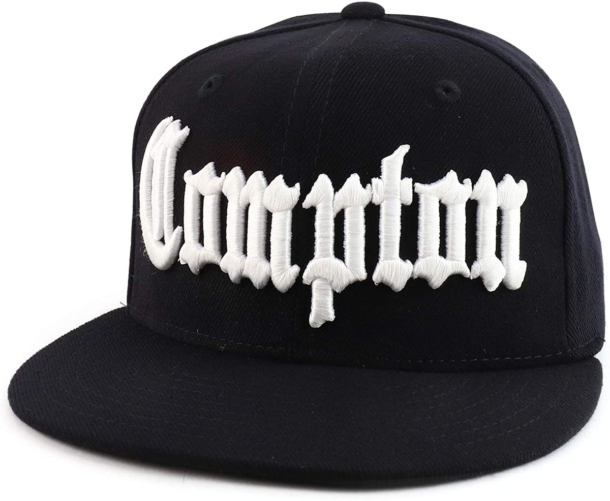 DECKY City Name Old English Embroidered Flat Bill Snapback Cap - Black - Compton