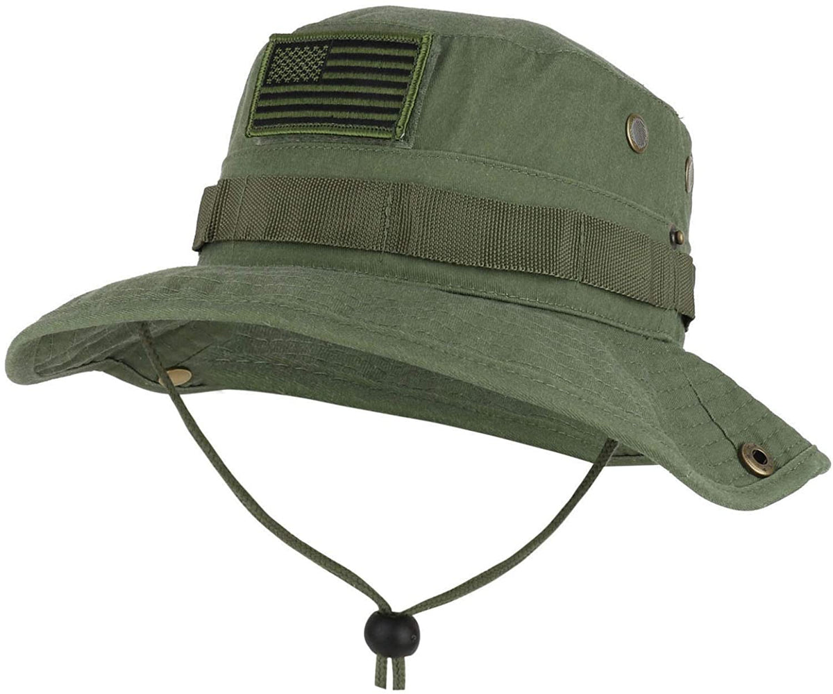 Armycrew Military American Flag Hook and Loop Patch Boonie Cap with Chin Strap
