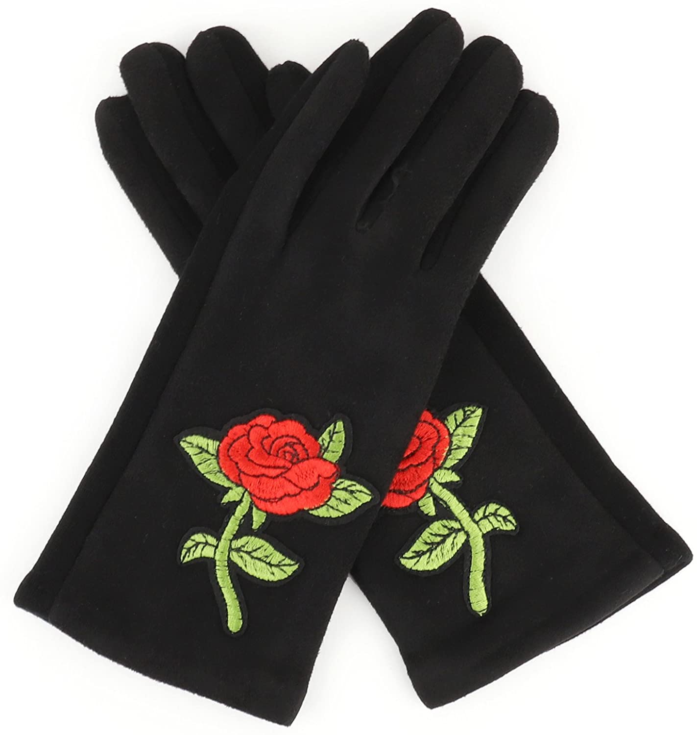 Armycrew Smartphone Touchscreen Ladies Texting Fingers Rose Embroidered Gloves