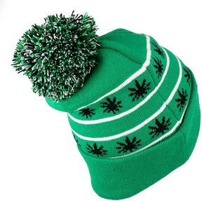 Marijuana Leafs Pom Pom Acrylic Beanie Hat - Kelly Green Black - WB071-86