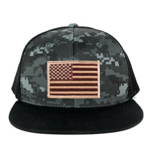 Armycrew US American Flag Embroidered Patch Adjustable Flat Bill Camo Trucker Cap - BNB - Black Grey