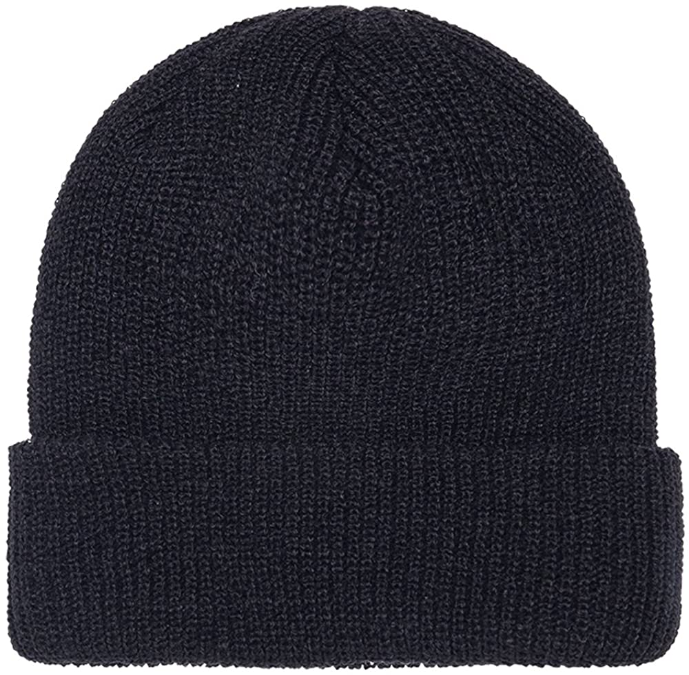 FLEXFIT Ribbed Cuffed Knit Warm Winter Beanie Hat - BLACK
