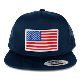 Flexfit 5 Panel American Flag Patched Snapback Mesh Back Navy Cap