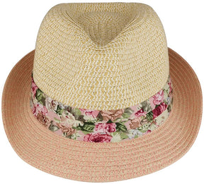 Armycrew Ladies Two Tone Paper Straw Fedora Hat with Floral Print Hatband