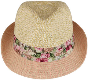 Armycrew Ladies Two Tone Paper Straw Fedora Hat with Floral Print Hatband